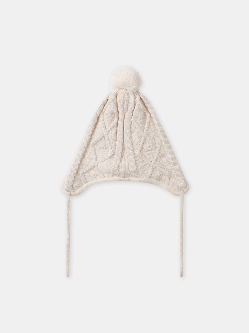 Bonnet écru frisés avec pompom en fourrure Fille