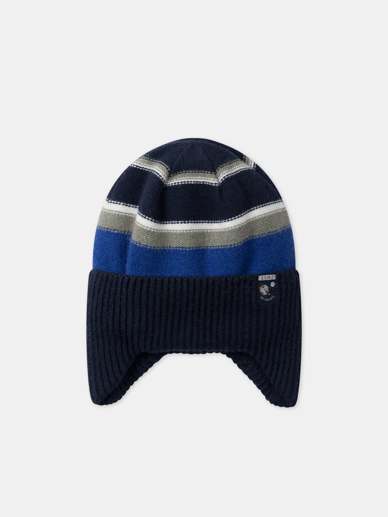 Bonnet cache-oreilles à rayures bleues, vertes et écru Garçon