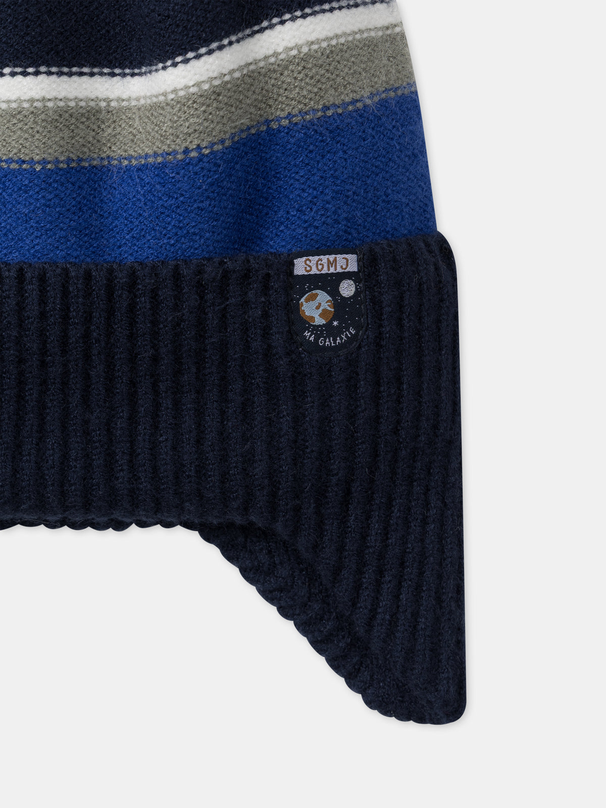 Bonnet cache-oreilles à rayures bleues, vertes et écru Garçon