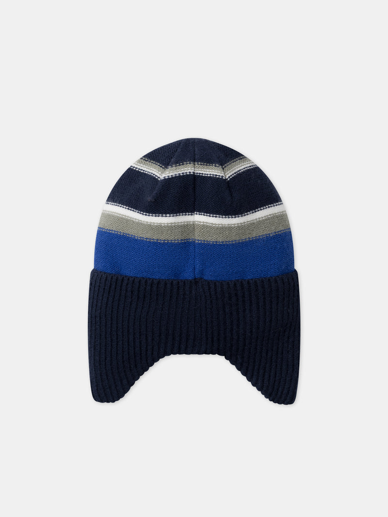 Bonnet cache-oreilles à rayures bleues, vertes et écru Garçon