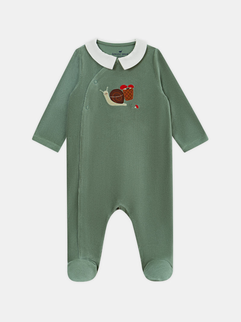 Grenouillère en velours vert grisé à broderie escargot Bébé Garçon