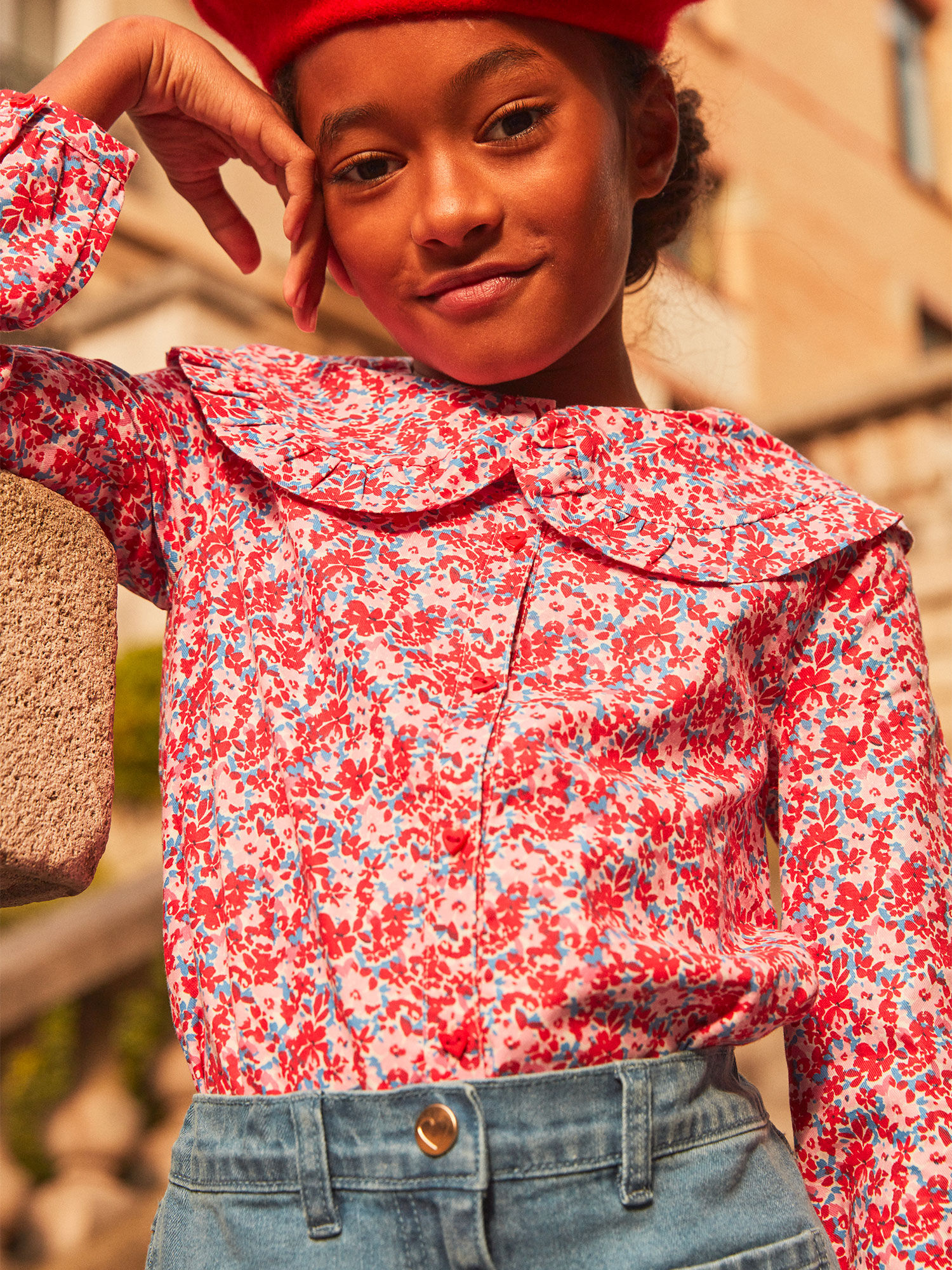 Chemisier rose rouge et lilas imprim fleuri en twill gratt
