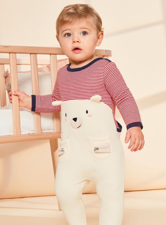 Grenouillère blanc crème à rayures et tête d'ours FEDOURSON / 23E5BG21GREA002