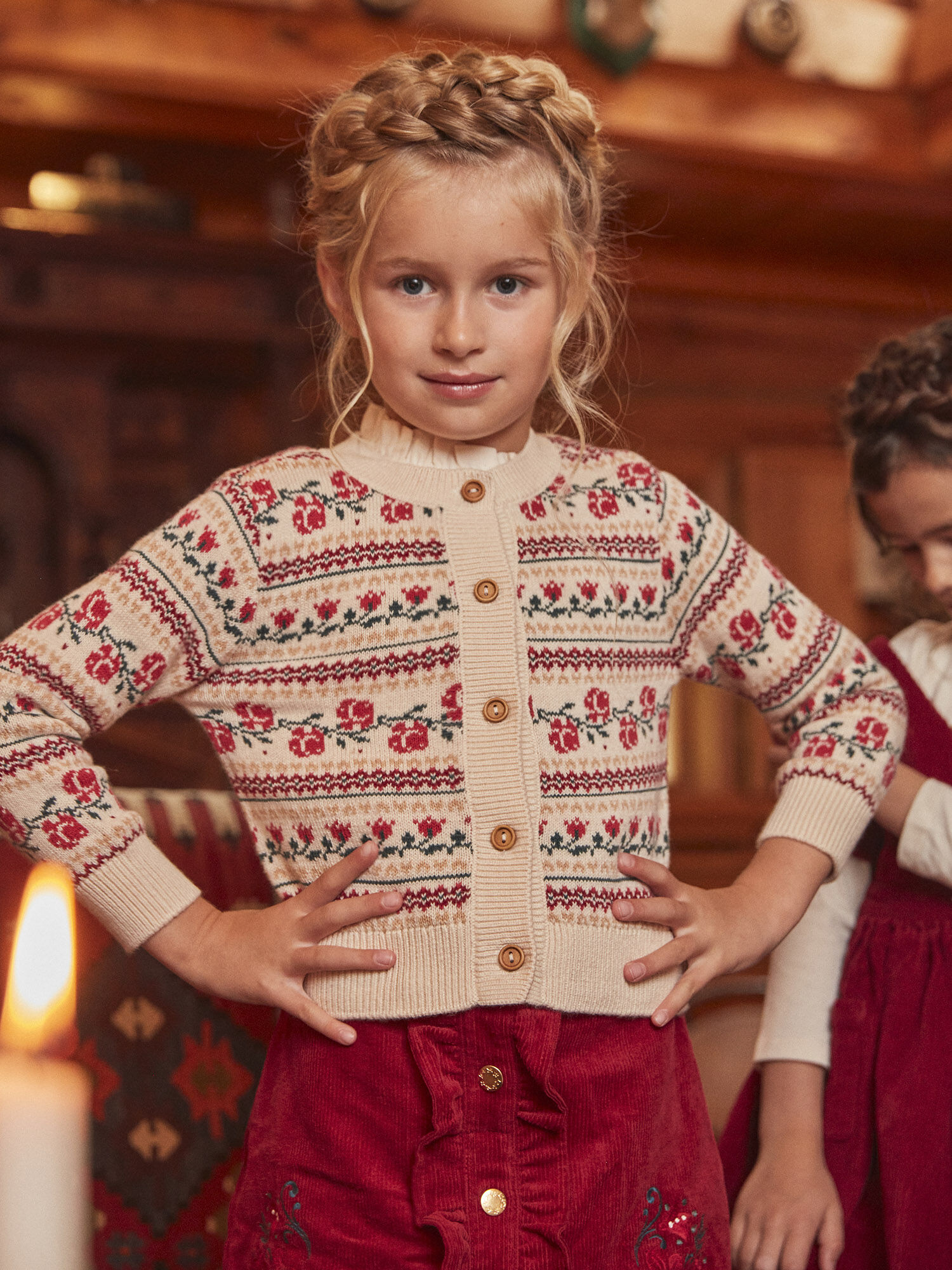 Gilet beige clair en maille jacquard fleuri