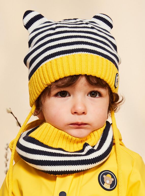 Bonnet en tricot bleu marine avec oreilles 3D et rayures FILAYNE / 23E4BG52BON070