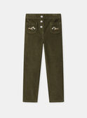 Pantalon vert kaki en velours à broderie chien Fille NUFLOUETTE / 25H2PFQ1PAN626