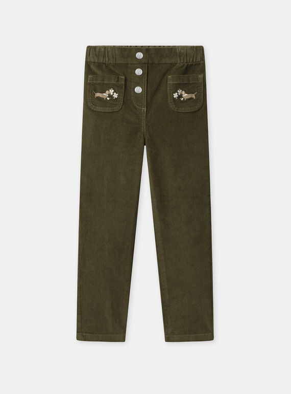 Pantalon vert kaki en velours à broderie chien Fille NUFLOUETTE / 25H2PFQ1PAN626