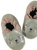 Chausson cuir souple pailletté beige broderie chat bébé fille GNFCHAT / 19WK37Z2D3S080