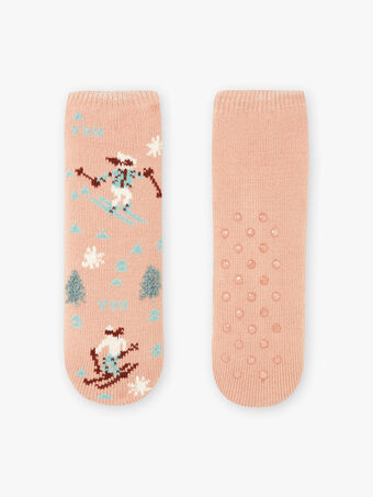 Chaussettes roses anti-dérapantes à imprimé ski à la montagne enfant fille BLATUETTE / 21H4PFO1SOA318