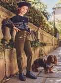 Pantalon vert kaki en velours à broderie chien Fille NUFLOUETTE / 25H2PFQ1PAN626
