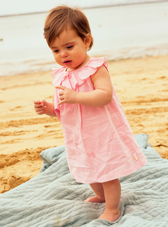 Robe en popeline rose à broderies coquillages et bloomer bébé fille CASOLEIL / 22E1BFN1ROBD315