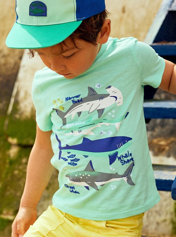 T-shirt bleu turquoise motifs requins enfant garçon COTIFAGE / 22E3PGN1TMC203