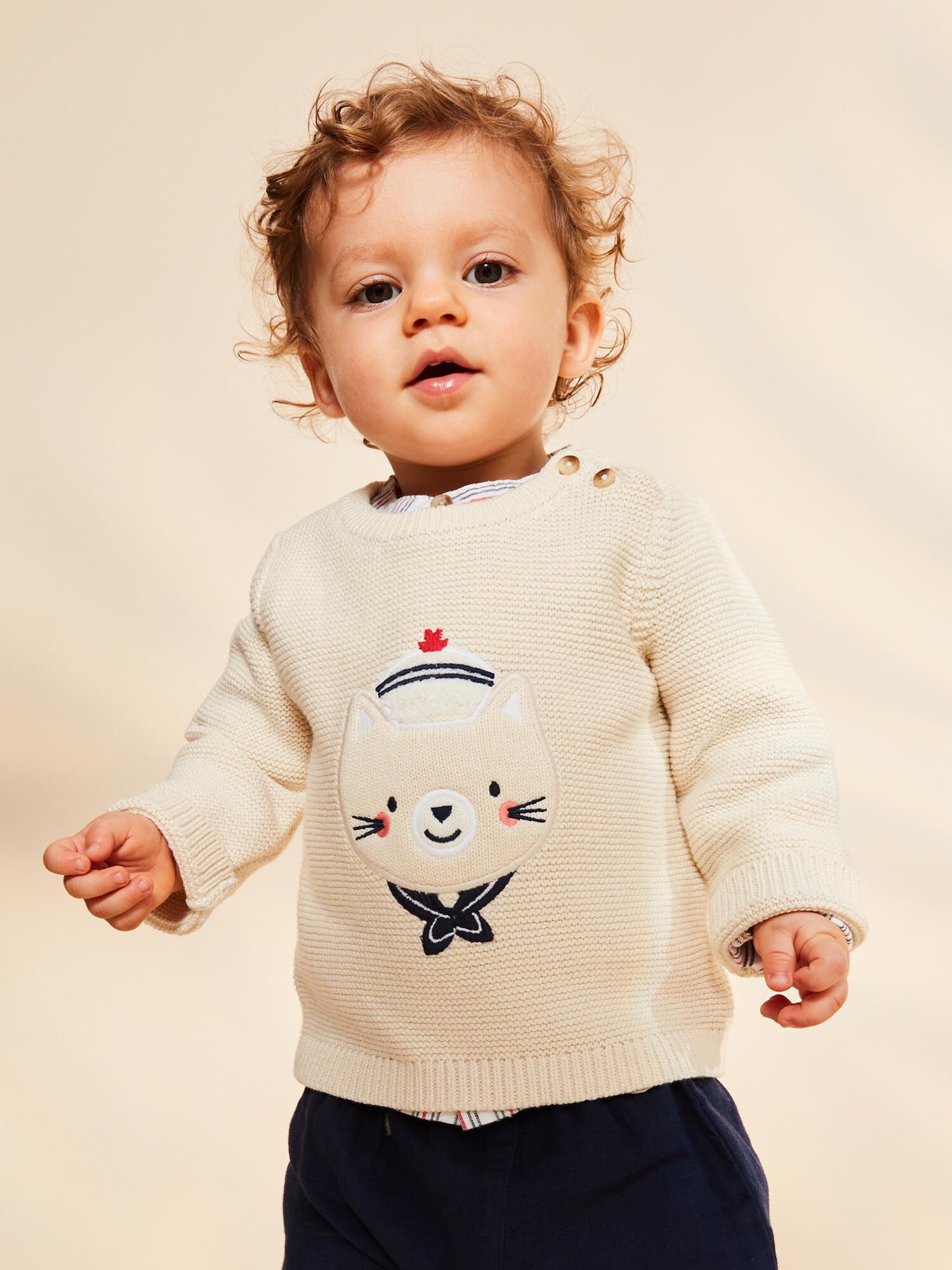 Pull beige chine en tricot avec chat marin Garcon Sergent Major