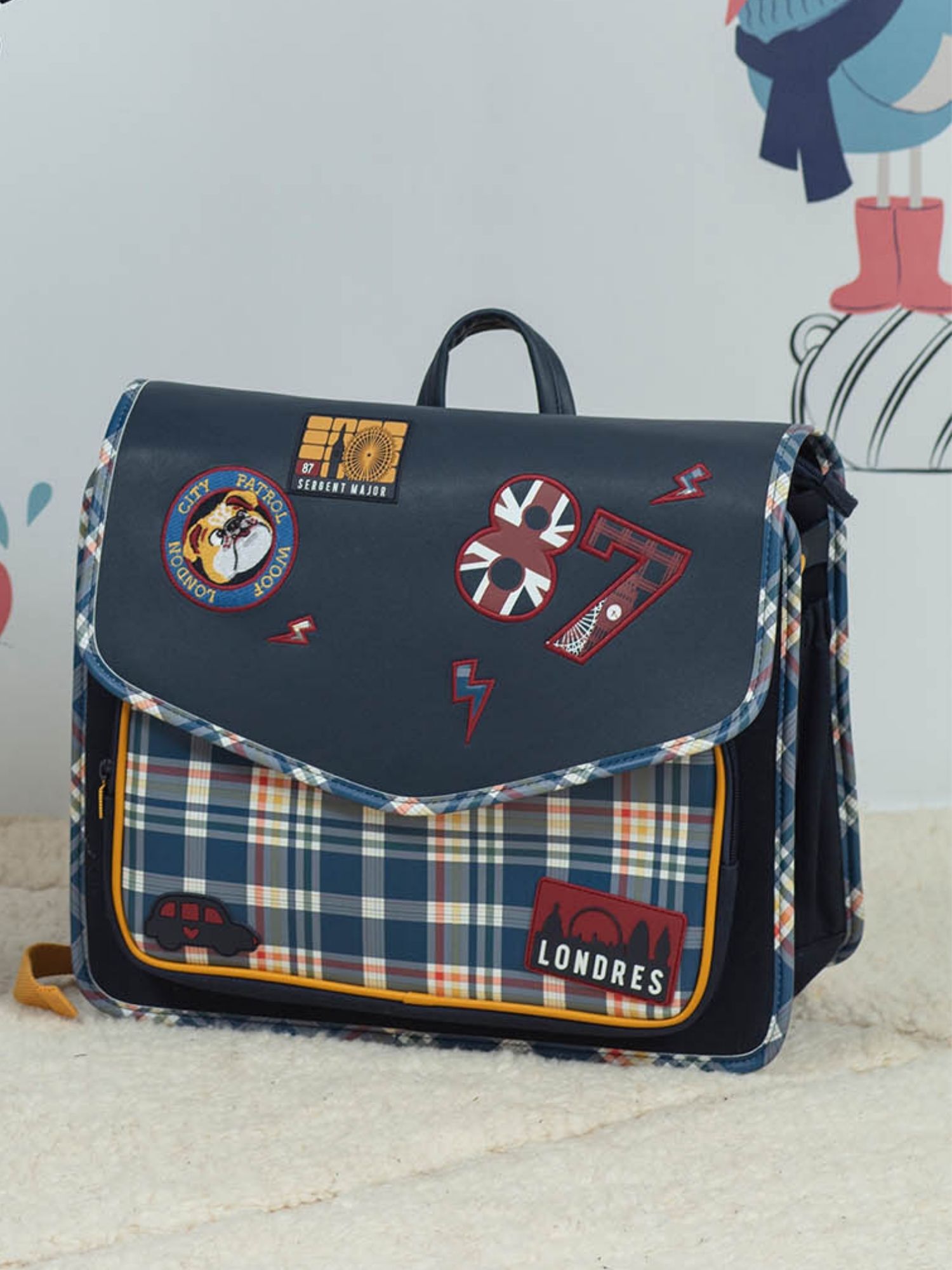 Cartable bleu marine motifs Londres et imprim carreaux enfant gar on