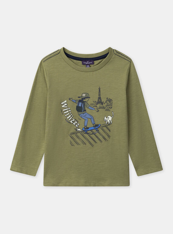 T-shirt vert kaki imprimé et manches longues Garçon NUTAGE / 25H3PGQ2TML633