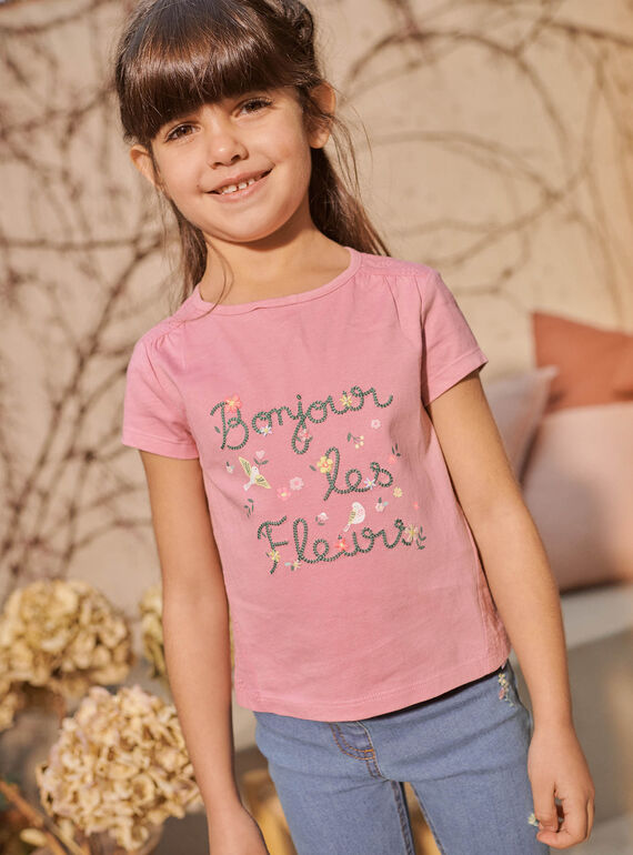 T-shirt rose brodé lettrage fleuri fantaisie enfant fille CETIETTE / 22E2PFB1TMC305