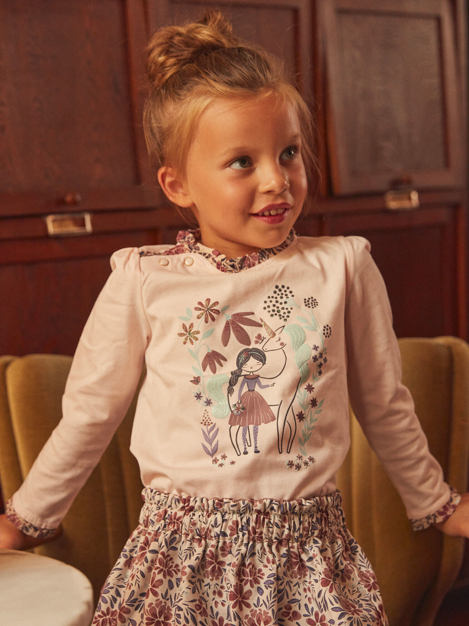 T shirt rose clair motif licorne Fille Sergent Major