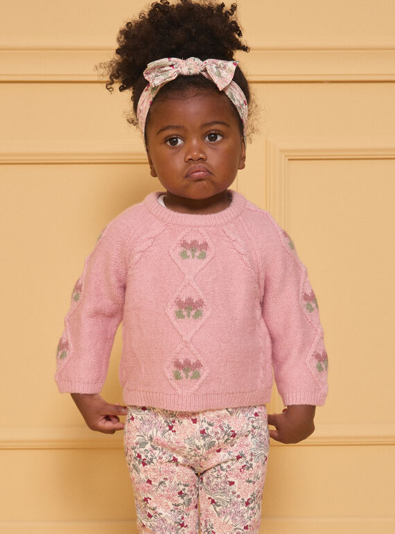 Pull torsadé rose pâle fleurs LANINA / 24H1BFQ1PULD329