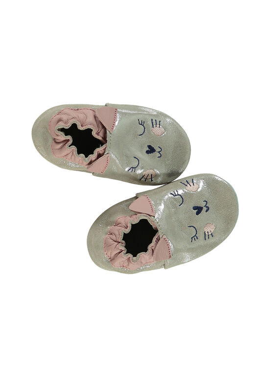 Chausson cuir souple pailletté beige broderie chat bébé fille GNFCHAT / 19WK37Z2D3S080