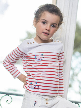 T-shirt marinière rouge à motifs fantaisie enfant fille CITOYETTE / 22E2PF81TML001