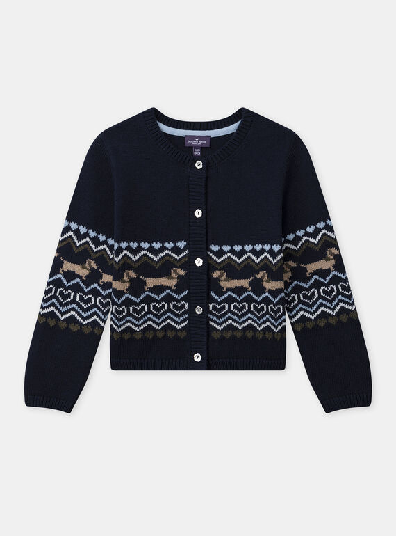 Cardigan bleu foncé en maille à motif chien Fille NUDOGUETTE / 25H2PFQ1CAR070