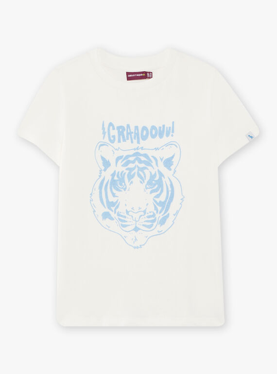 T-shirt écru et bleu clair à motif tigre texturé enfant garçon CAZOTAGE3 / 22E3PGF1TMC001