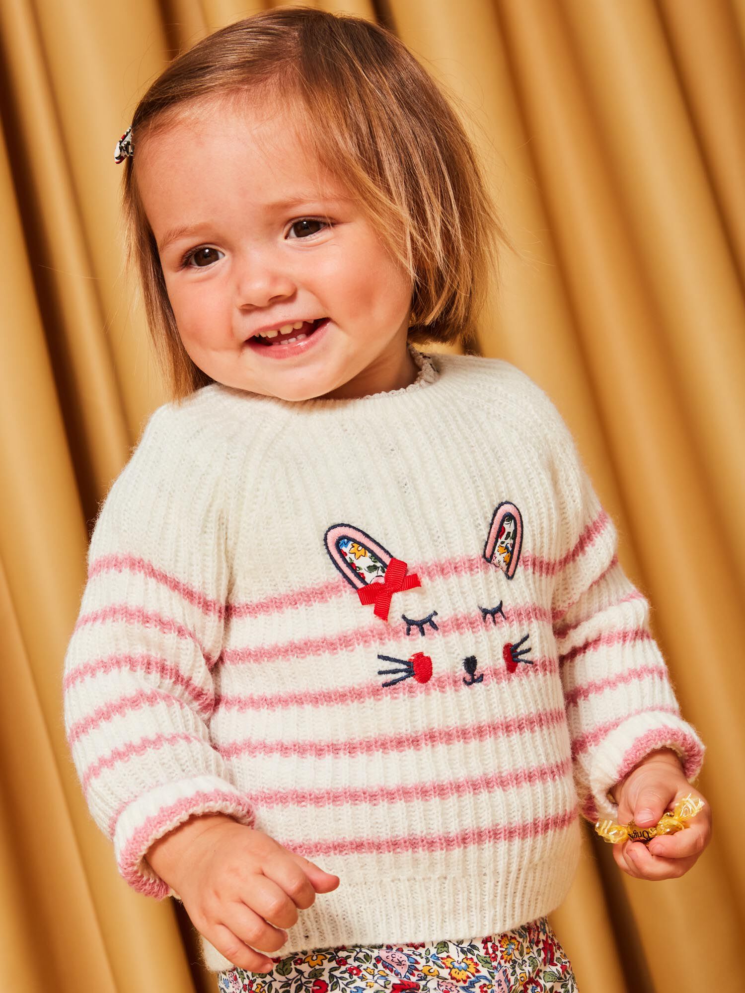 Pull en maille rayures cru et rose Fille Sergent Major