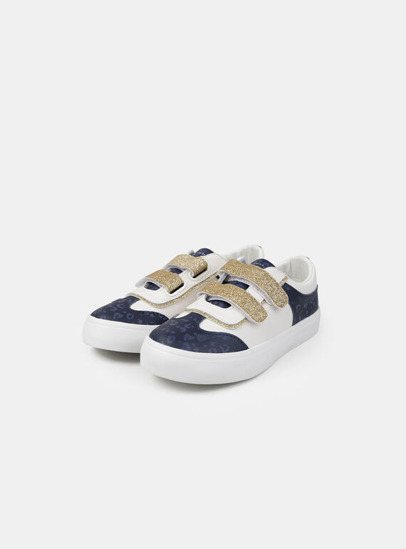 Basket blanche et bleu foncé imprimé léopard et sratch dorés pailletés Fille NILOPETTE / 25F10PF42BKC705