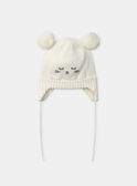 Bonnet écru en maille visage chat et 2 pompon Bébé Fille NIMATHILDE / 25H4BFE2BON001