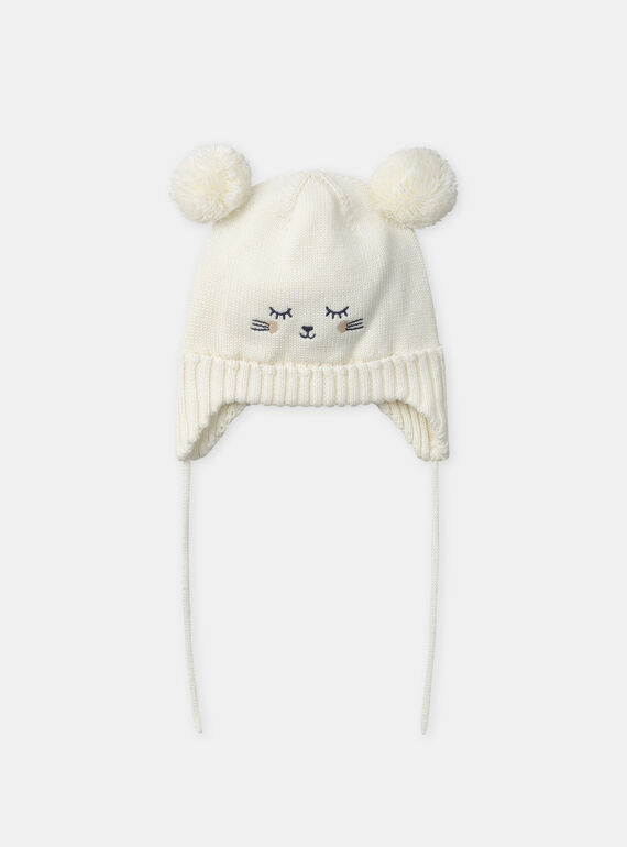 Bonnet écru en maille visage chat et 2 pompon Bébé Fille NIMATHILDE / 25H4BFE2BON001