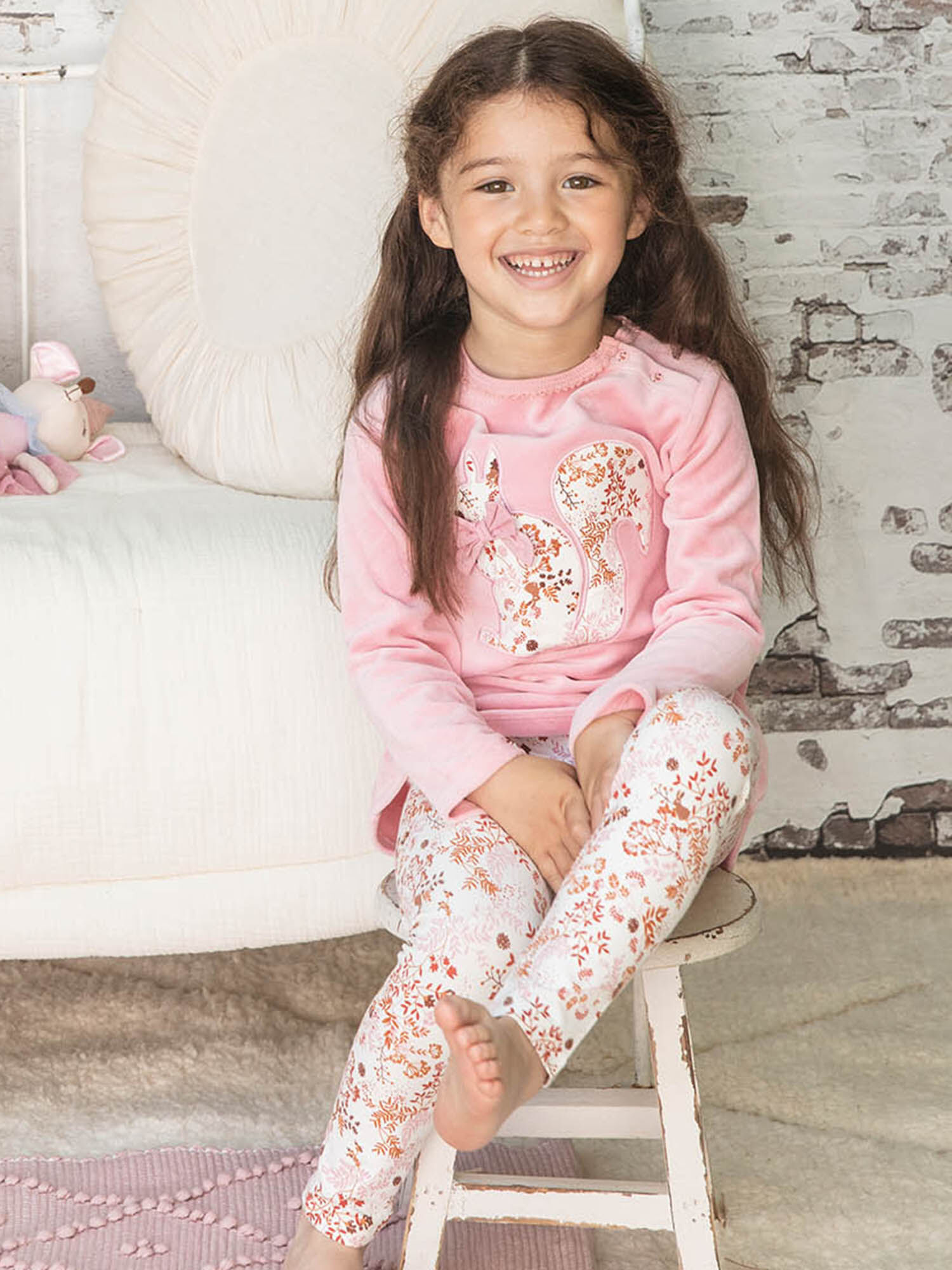 Pyjama manches longues rose imprim fleuri en velours enfant fille