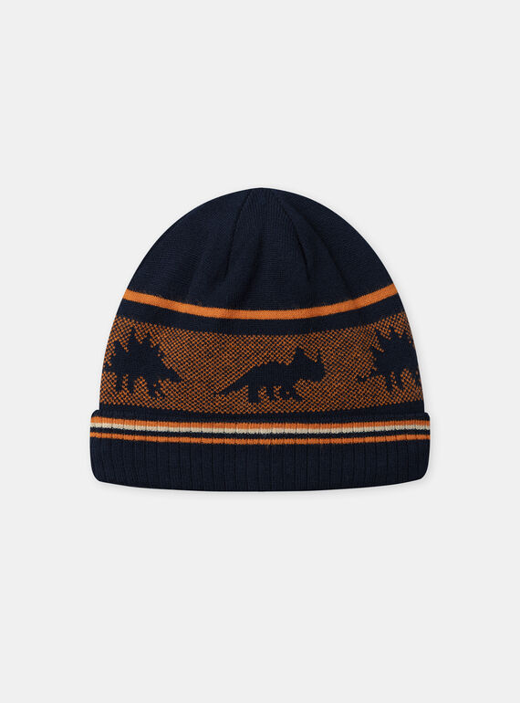 Bonnet bleu foncé et orange en maille dinosaures Garçon NIRAYAGE / 25H4PGE2BONC214