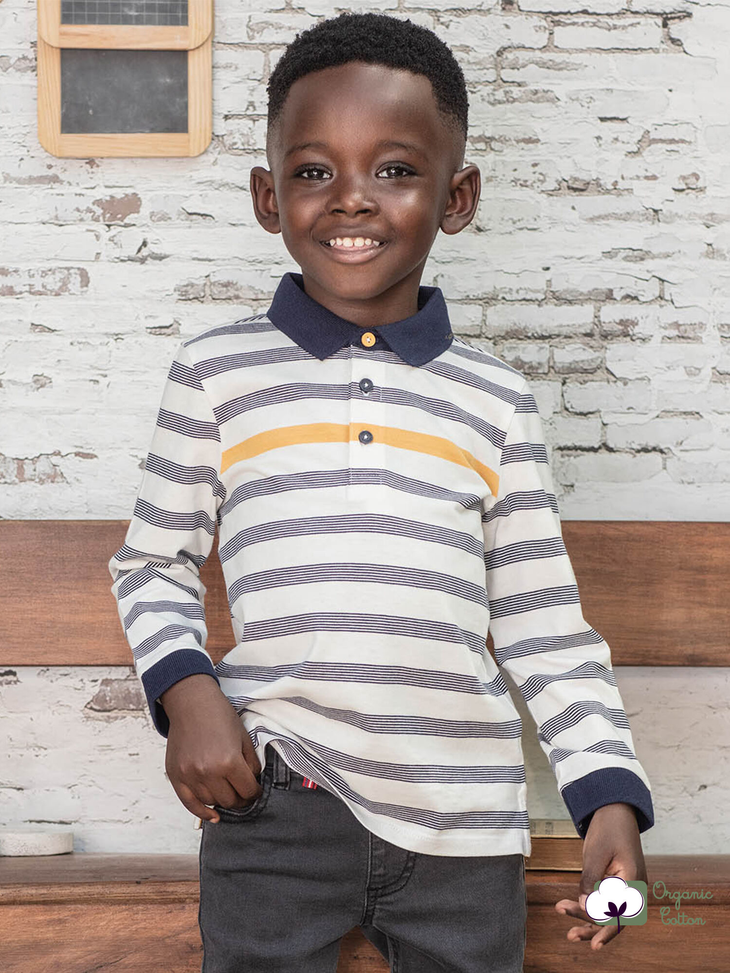 Polo blanc manches longues rayures bleu marine enfant gar on
